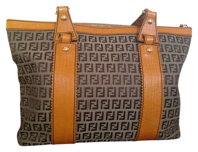 Fendi Brown Zucca Orange Leather Straps Classif Canvas Shoulder Bag 