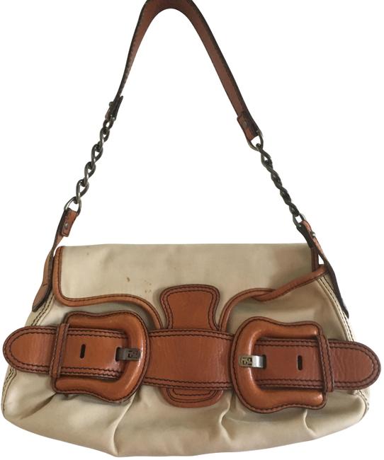 Fendi Buckle Tan Leather and Canvas Shoulder Bag 