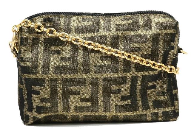 Fendi Chain Pouch Pochette Nylon Gold Black Zucca Shoulder Bag 