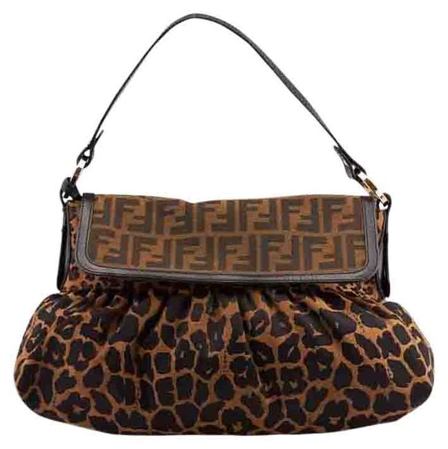 Fendi Chef Leopard Print &amp; Zucca Nylon 72150 Brown Canvas Shoulder Bag 