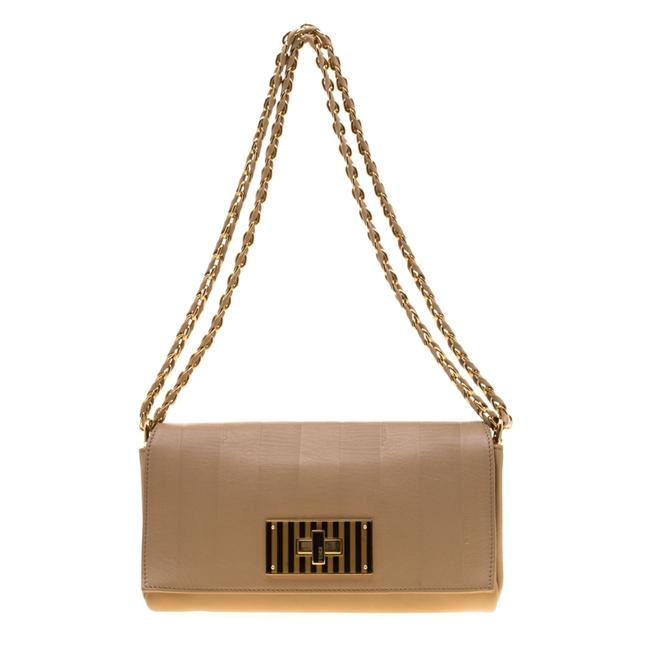 Fendi Claudia Pequin Embossed Small Beige Leather Shoulder Bag 