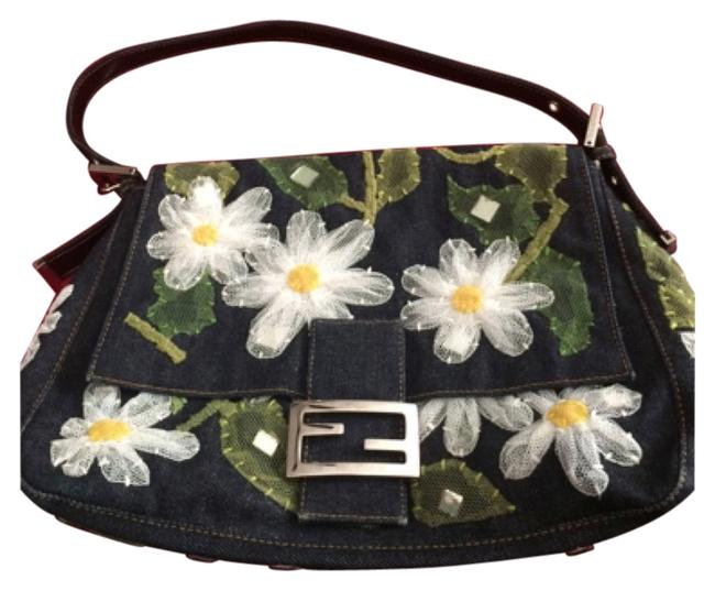 Fendi Denim Floral Baguette Shoulder Bag 