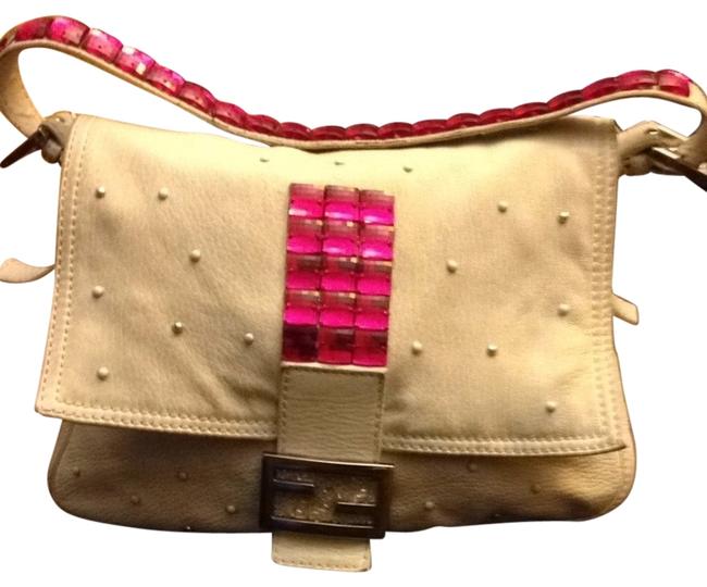 Fendi Embellished Ivory Peeble Leather Shoulder Bag 