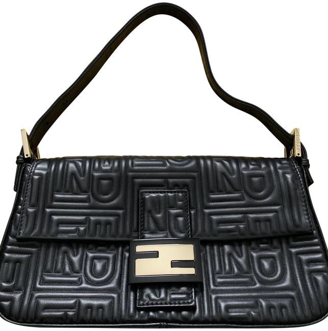 Fendi Embossed Baguette Black Leather Shoulder Bag 