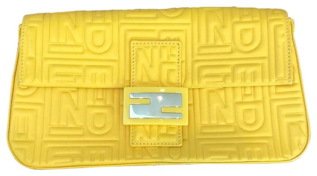 Fendi Embossed Baguette Yellow Nappa Leather Shoulder Bag 
