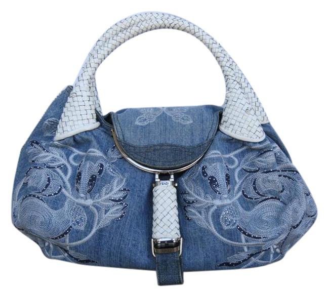 Fendi Embroidered Denim and White Shoulder Bag 