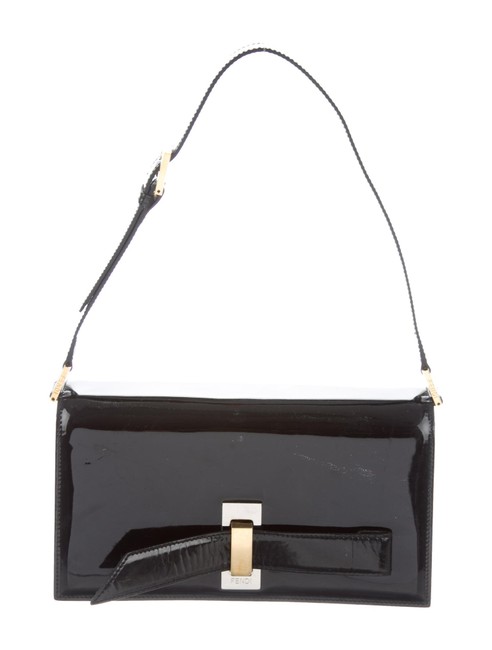 Fendi Envelope Top Black Patent Leather Gold Shoulder Bag 