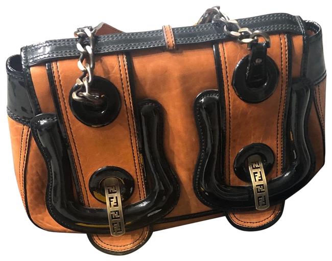 Fendi Excellent Condition Vernice Tan and Black Patent Leather Shoulder Bag 