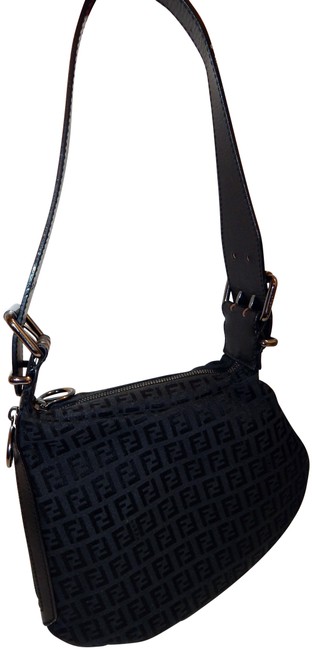 Fendi Ff Balck Zucca Logo Leather Ostrik Small Black Canvas Shoulder Bag 