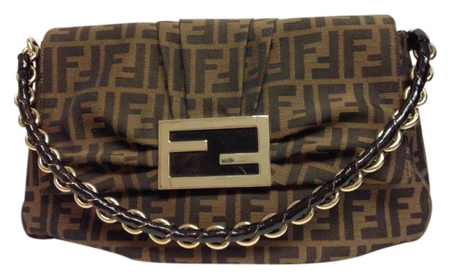 Fendi Ff Monogram with Gold Chain Strap Brown Canvas Shoulder Bag 