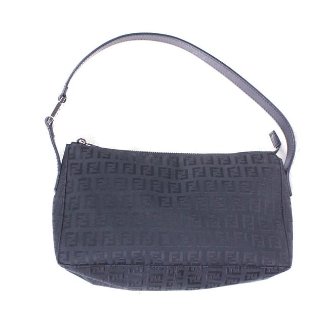 Fendi Ff Zucca Print Zip Medium Pochette Handbag Black Nylon Shoulder Bag 
