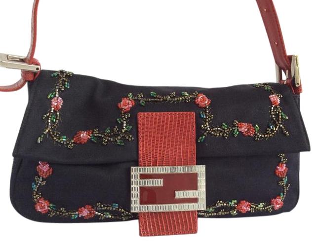 Fendi Floral Beaded Baguette Black Satin Shoulder Bag 