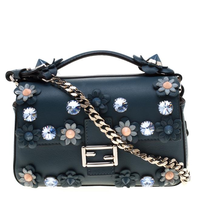 Fendi Flowerland Double Micro Baguette Blue Leather Shoulder Bag 