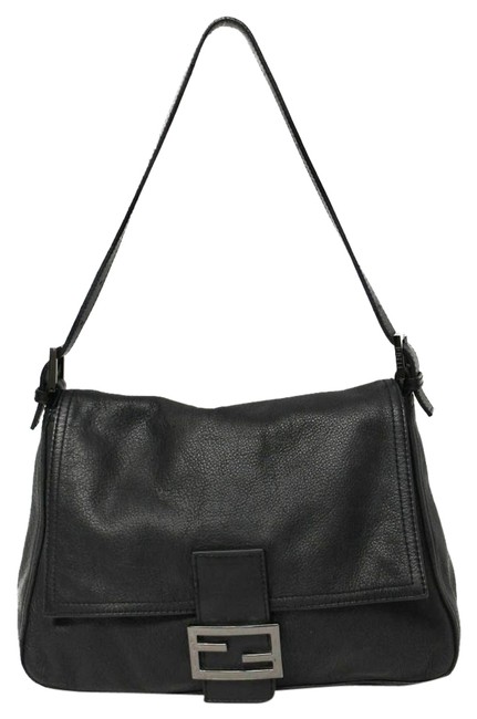 Fendi Front Flap Black Leather Shoulder Bag 