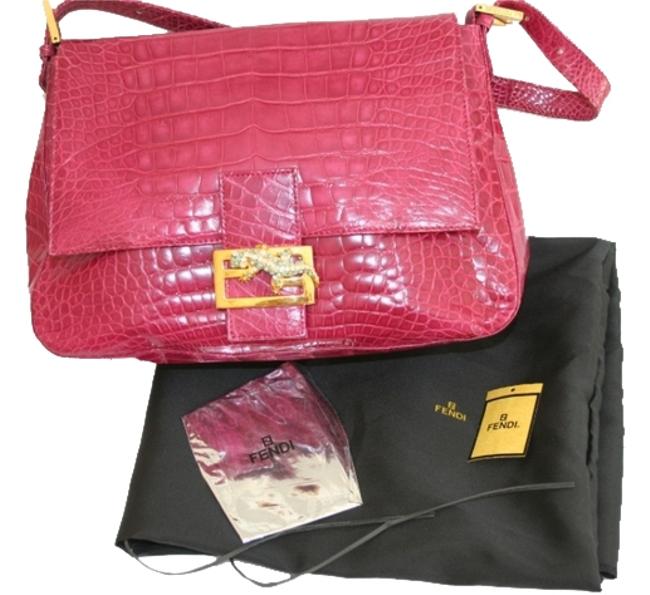 Fendi W W Crystal and Turqouise Buckle Fuchsia Alligator Skin Shoulder Bag 