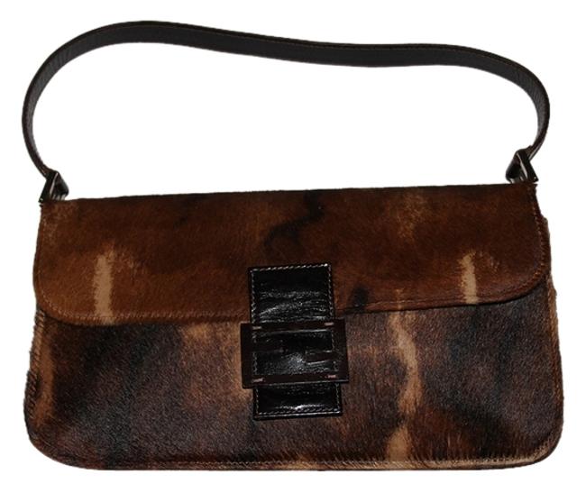 Fendi Fur Baguette Brown Leather Shoulder Bag 