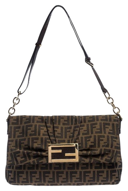 Fendi Gold Tone Brown Canvas Shoulder Bag 