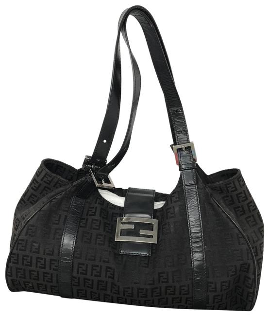 Fendi Hobo Black Leather Canvas Shoulder Bag 