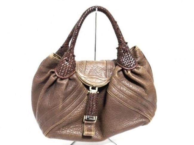 Fendi Hobo Large Spy Woven Handle 239788 Brown Leather Shoulder Bag 