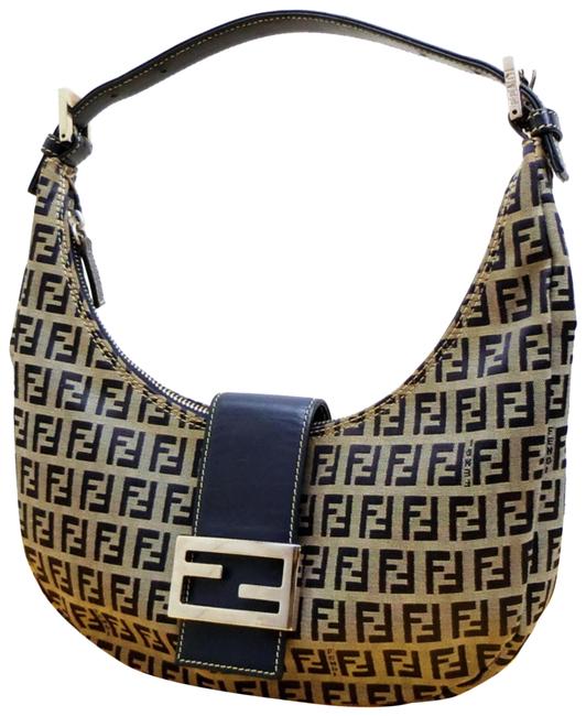 Fendi Hobo Zucca Ff 232404 Light Gray X Navy Canvas Leather Shoulder Bag 