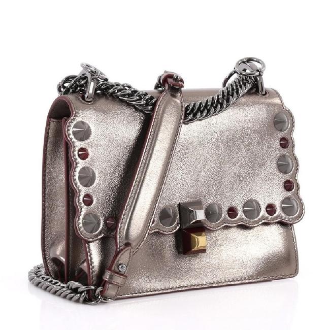 Fendi Kan I Platinum Spiked Front Flap Pewter Gray Leather Shoulder Bag 