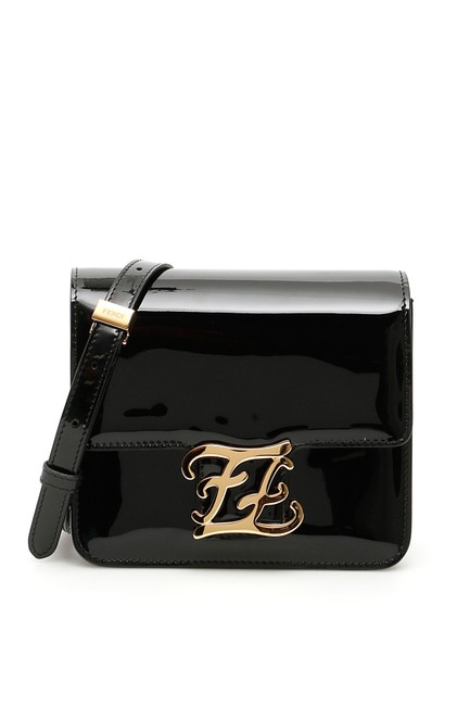 Fendi Karligraphy Shiny Patent Leather Black Shoulder Bag 
