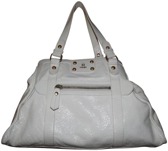 Fendi Large Crackled Tote White Patent Leather Shoulder Bag 