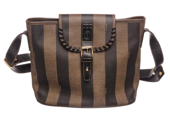 Fendi Leather Stripe Brown Coated Canvas Shoulder Bag 