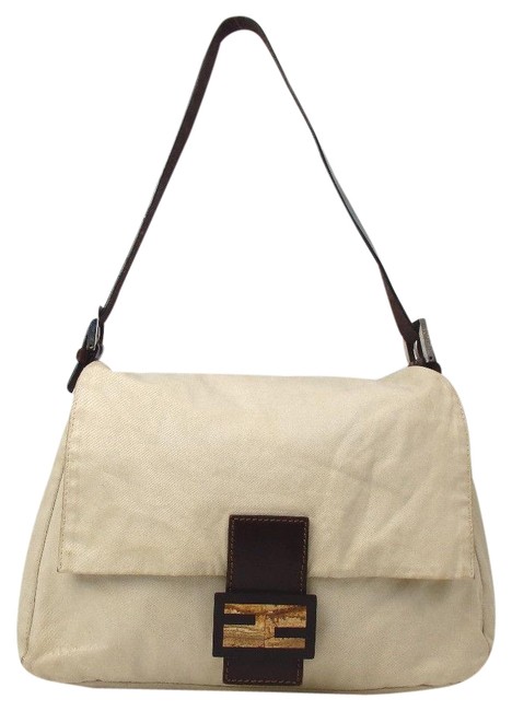 Fendi Leather Trim Purse Beige Canvas Shoulder Bag 