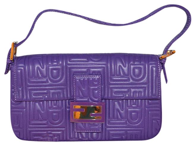 Fendi Logo Baguette Purple Leather Shoulder Bag 