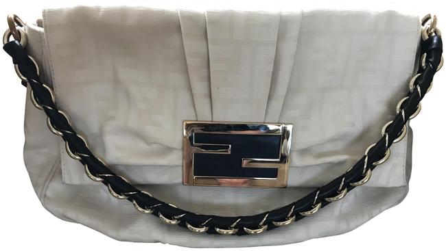 Fendi Logo Borsa Mia Zucca Beige Nylon Nappa Leather Shoulder Bag 