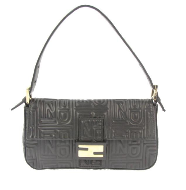 Fendi Logo Embossed Black Leather Shoulder Bag 