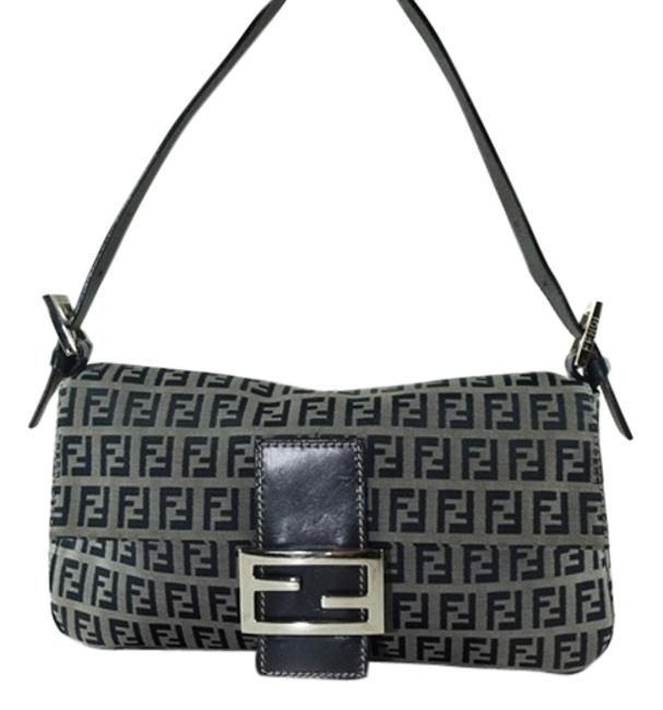 Fendi Logo Fs0015 Navy Blue Gray Canvas Leather Shoulder Bag 