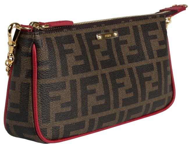 Fendi Logo Small Pouchette Brown &amp; Red Leather Shoulder Bag 