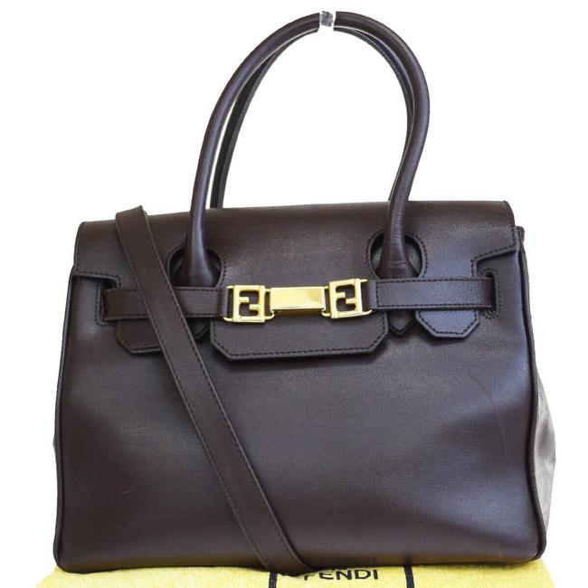 Fendi Logos Hand In Italy Brown Leather Shoulder Bag 