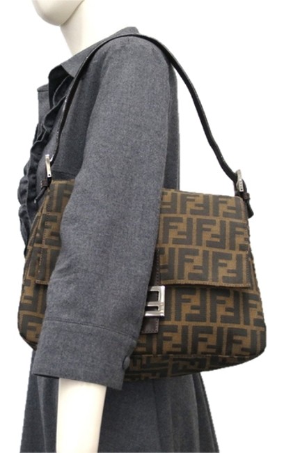 Fendi Mamma Baguette Brown Leather Canvas Shoulder Bag 