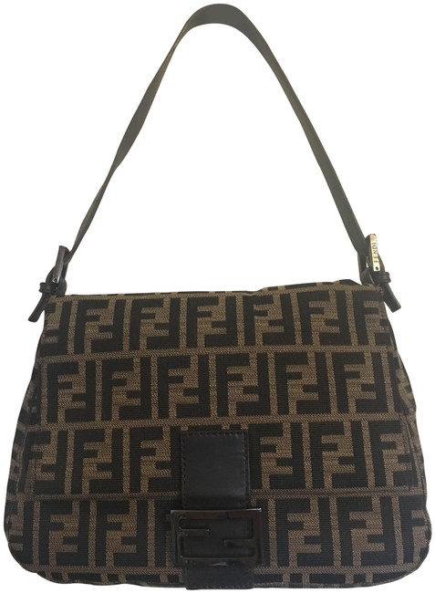 Fendi Mamma Zucco Black and Brown Canvas Fabric Leather Shoulder Bag 