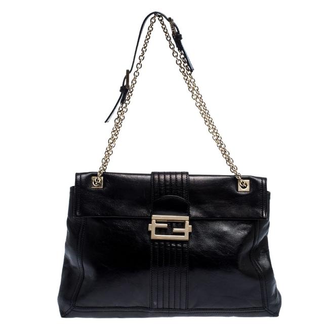 Fendi Maxi Baguette Flap Black Leather Shoulder Bag 