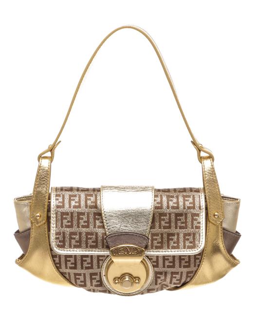 Fendi Metallic Zucca Monogram Small Handbag Gold Leather Canvas Shoulder Bag 