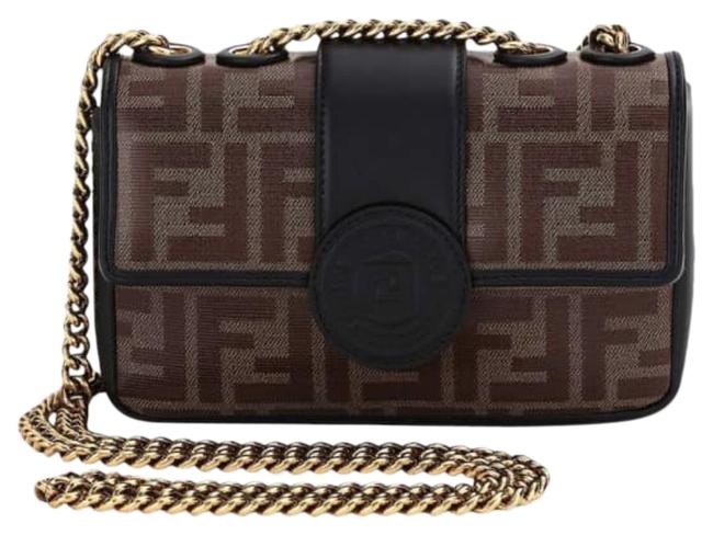 Fendi Mini Double F Tess Black Brown Leather Shoulder Bag 