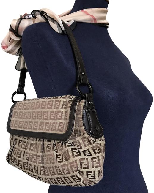 Fendi Monogram Chocolate Brown Leather Canvas Shoulder Bag 