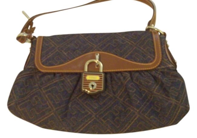 Fendi Monogram Lock Dark Blue Brown Stiching Cloth Leather Trim Shoulder Bag 