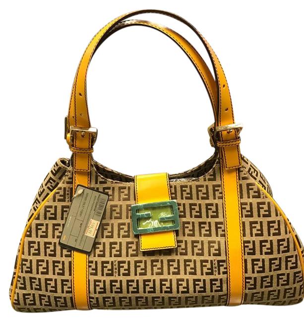 Fendi Monogram Purse Yellow Brown Canvas Leather Shoulder Bag 