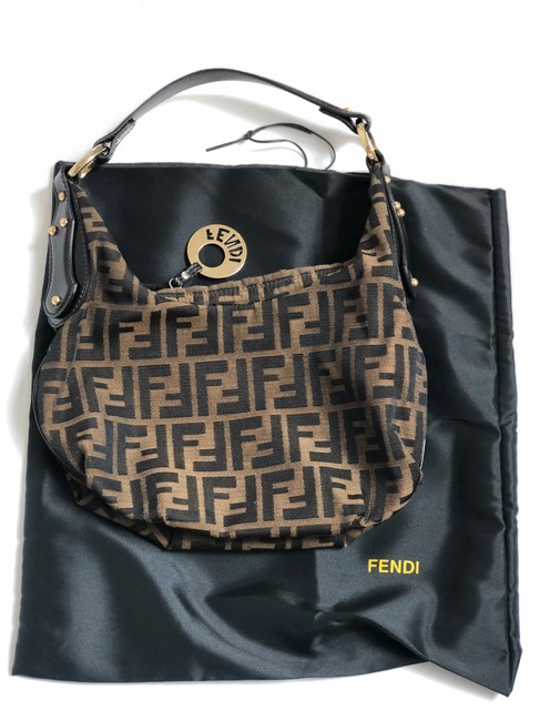 Fendi Monogram Tobacco Zucca Brown Black Leather Canvas Shoulder Bag 