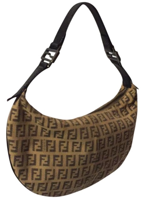 Fendi Monogramed Beige Brown Canvas Shoulder Bag 