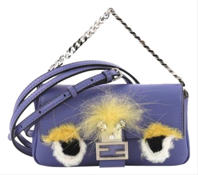 Fendi Monster Baguette Micro Blue Leather and Fur Shoulder Bag 