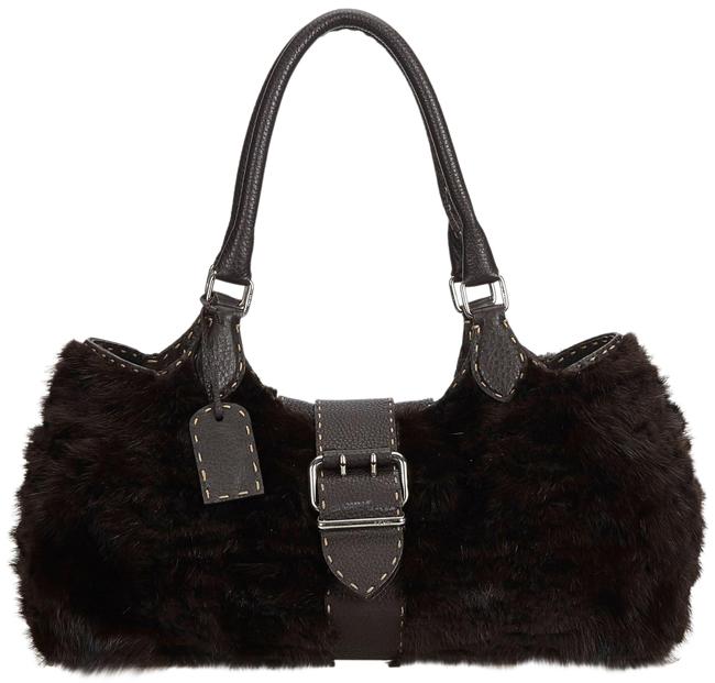 Fendi Natural Material Selleria Italy Black Fox Fur Leather Shoulder Bag 