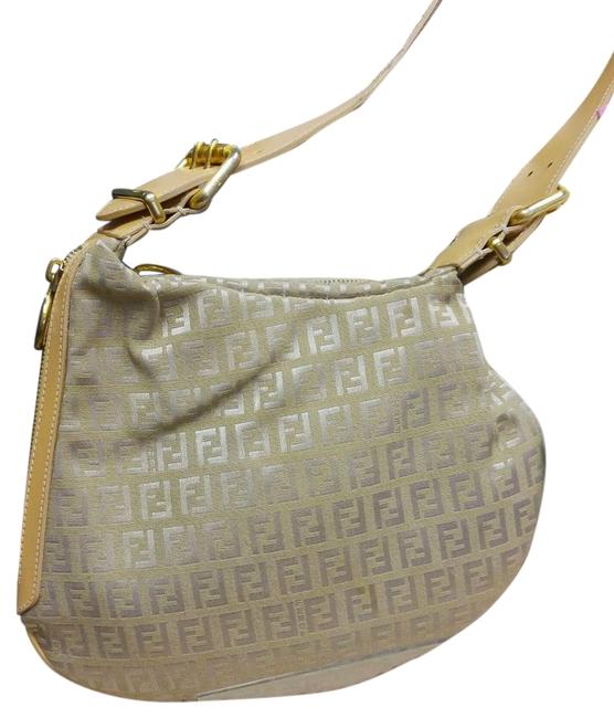 Fendi Oyster Golden Beige Canvas Monogram Logo Shoulder Bag 