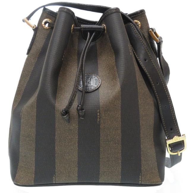 Fendi Pequin Drawstring Leather Black   Brown Pvc Shoulder Bag 