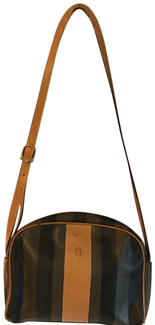 Fendi Penguin Stripe Camel Brown and Black Coated Canvas Leather Shoulder Bag 
